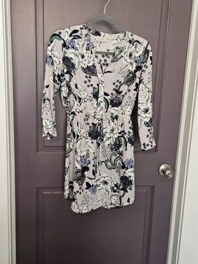 LOFT Floral Tie-Waist Long Sleeve Dress - Light Pink, Black, Green, Blue